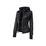 Women's Black Genuine Leather Bomber Jacket With Removable Hood