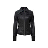 Women's Black Genuine Leather Bomber Jacket With Removable Hood