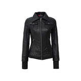Women's Black Genuine Leather Bomber Jacket With Removable Hood