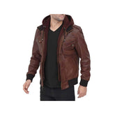 Men's Guerrilla Hooded Bomber Leather Jacket “ Genuine Leather, Removable Hood