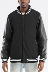 Men's Varsity Jacket - PU Sleeves, Padded Lining, Snap Button Closure