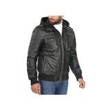 Men's Guerrilla Black Hooded Bomber Jacket “ with Removable Hood