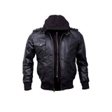 Men's Black Guerrilla Bomber Jacket “ Genuine Leather with Removable Hood