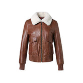 Women's Brown Leather Fur Collar Bomber Jacket