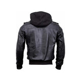 Men's Black Guerrilla Bomber Jacket “ Genuine Leather with Removable Hood