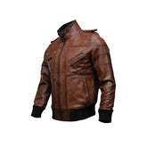 Men's Brown Guerrilla Bomber Jacket “ Genuine Leather, Removable Hood
