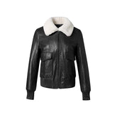 Women's Fur Collar Black Leather Bomber Jacket