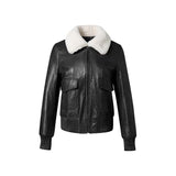 Women's Fur Collar Black Leather Bomber Jacket
