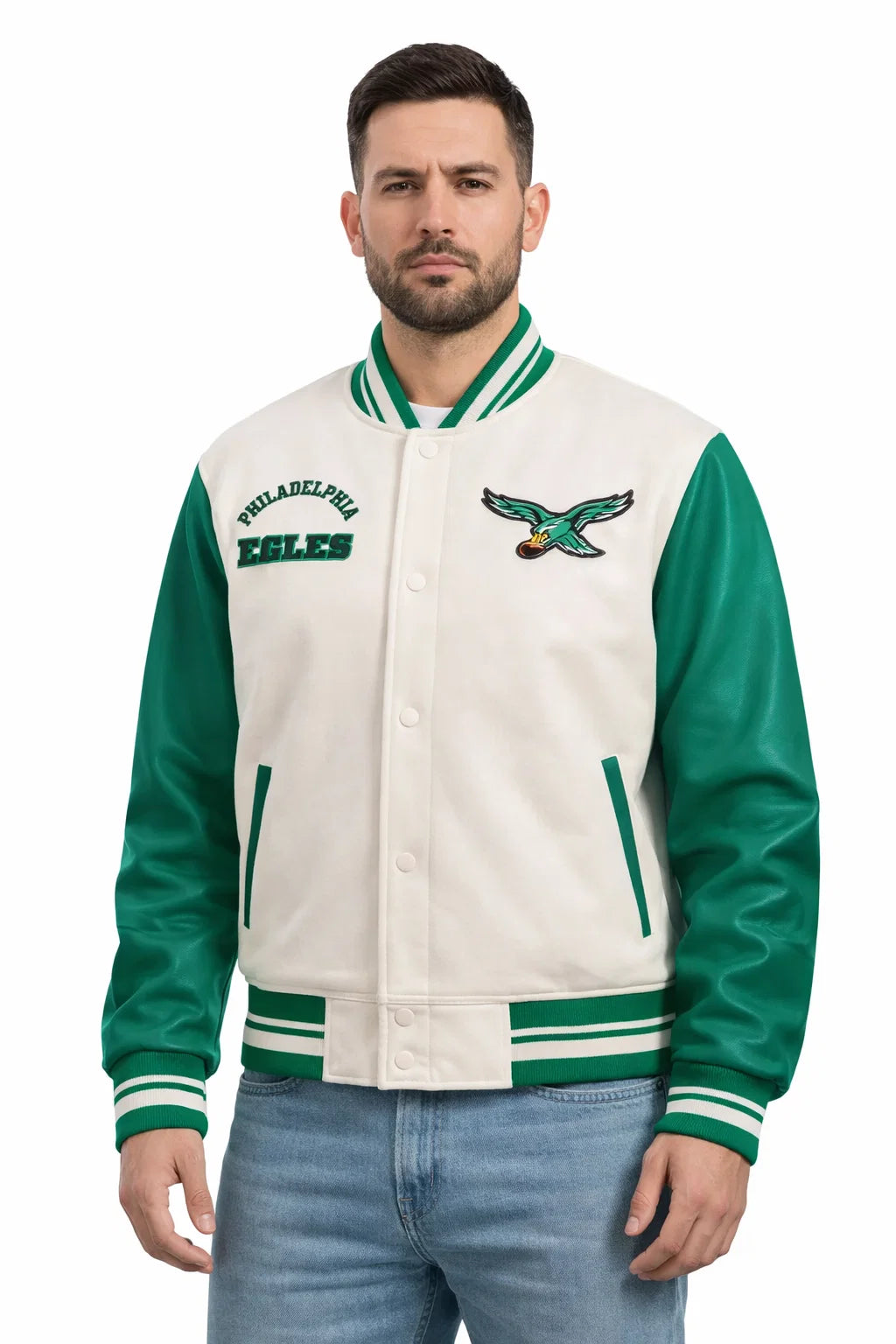 Retro Eagles-Inspired Cream Green Varsity Wool Leather Jacket