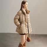 AMII Minimalist Duck Down Puffer Coat - Lightweight, Stand Collar, Lapel