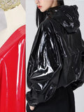 Women's Shiny Faux Leather Hooded Flight Jacket