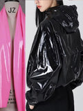 Women's Shiny Faux Leather Hooded Flight Jacket
