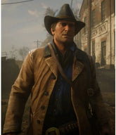 Character in a western setting wearing a brown coat and hat, standing in front of an old building.
