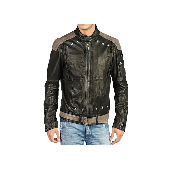 Men's Genuine Leather Biker Jacket with Removable Front & Adjustable Waist