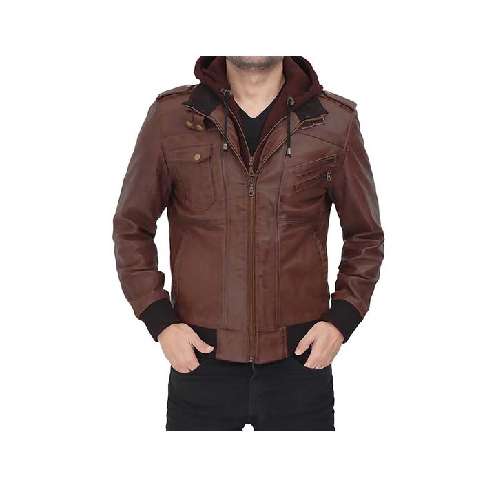 Men's Guerrilla Hooded Bomber Leather Jacket “ Genuine Leather, Removable Hood