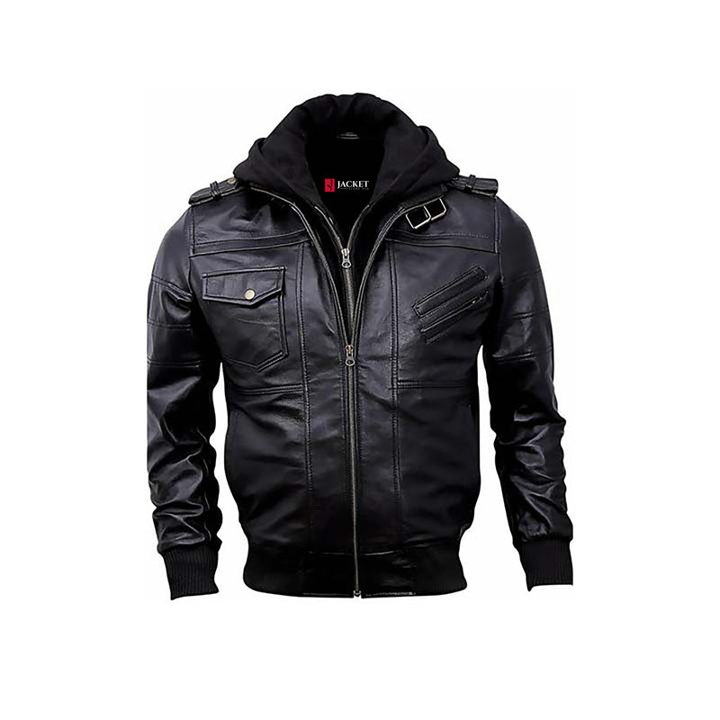 Men's Black Guerrilla Bomber Jacket “ Genuine Leather with Removable Hood