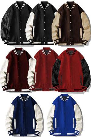 Men's Varsity Jacket - PU Sleeves, Padded Lining, Snap Button Closure