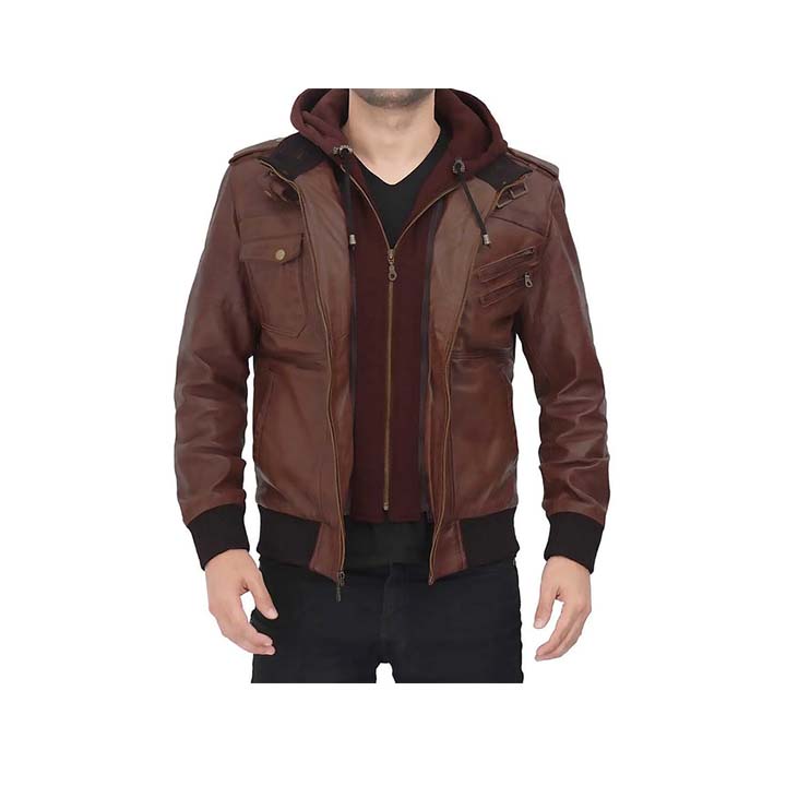 Men's Guerrilla Hooded Bomber Leather Jacket “ Genuine Leather, Removable Hood