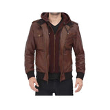 Men's Guerrilla Hooded Bomber Leather Jacket “ Genuine Leather, Removable Hood
