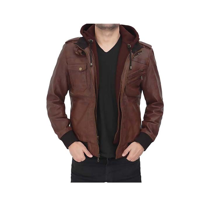 Men's Guerrilla Hooded Bomber Leather Jacket “ Genuine Leather, Removable Hood