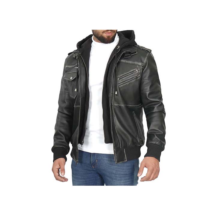 Men's Guerrilla Black Hooded Bomber Jacket “ with Removable Hood