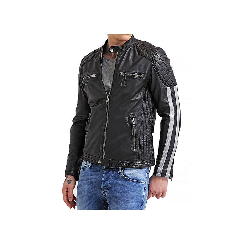 Men's Double Striped Snap Collar Moto Jacket