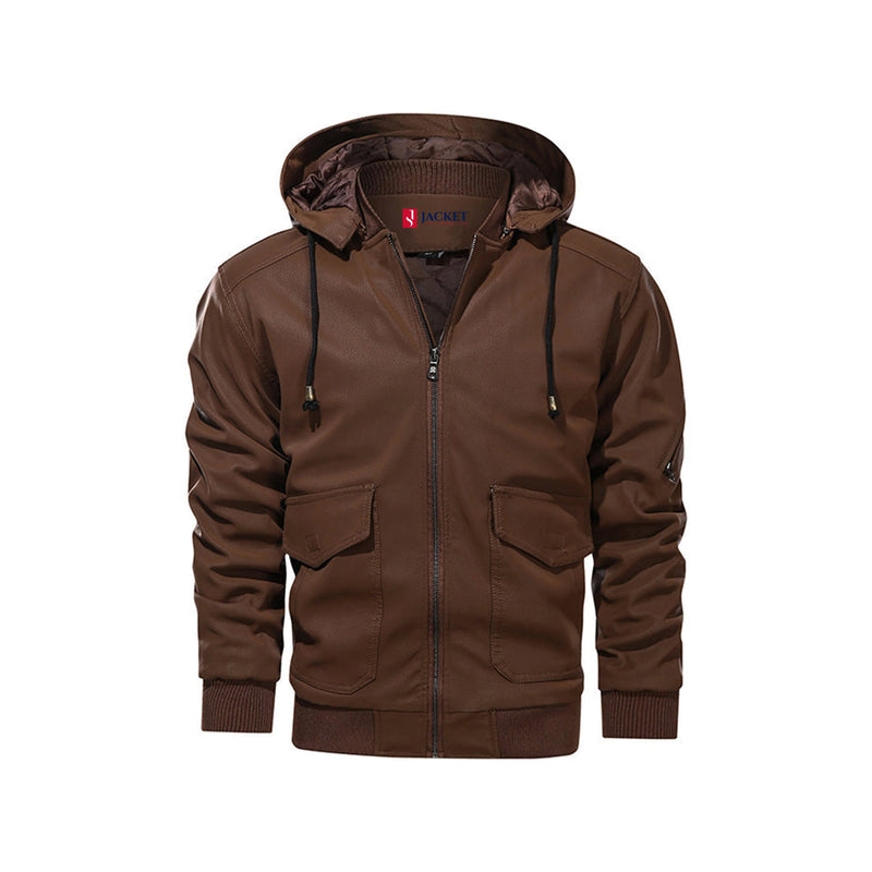 Marziano Leather Jacket - Saddle Brown PU Leather with Removable Hoodie