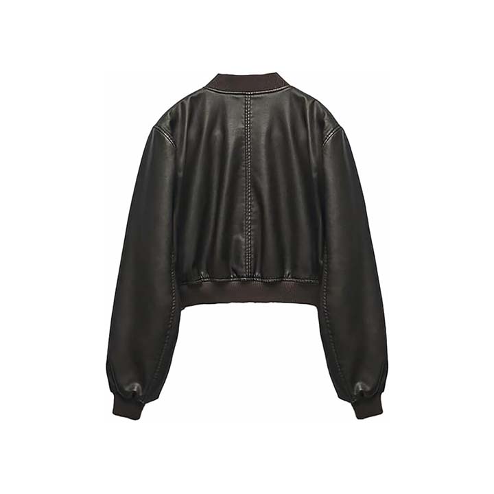 Women™s Echo Black Leather Bomber Jacket - Genuine Leather, Ribbed Knit Waist & Cuffs, Front Zip Closure, Two Side Pockets