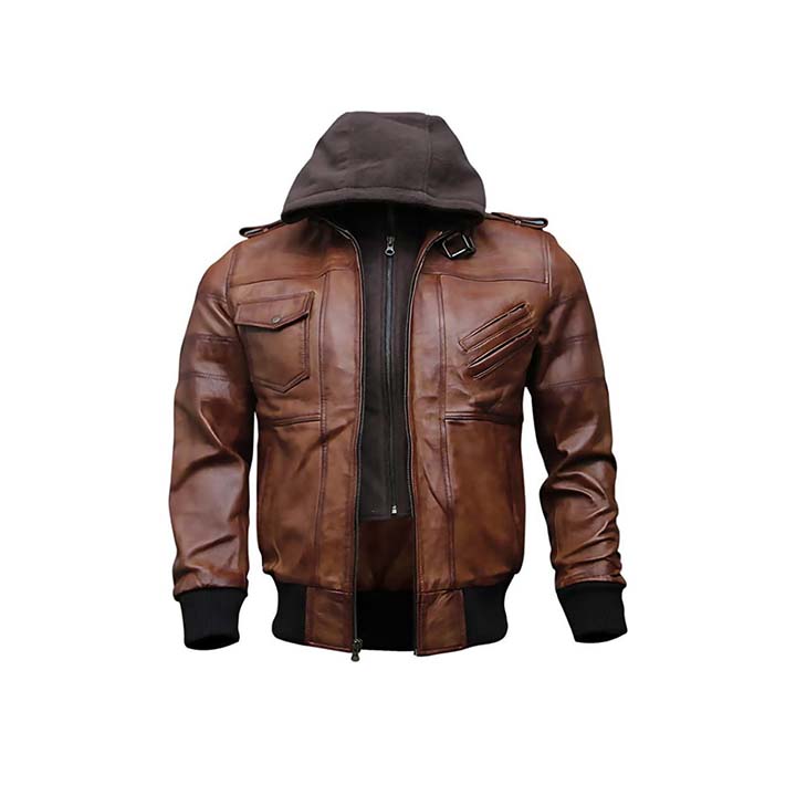 Men's Brown Guerrilla Bomber Jacket “ Genuine Leather, Removable Hood