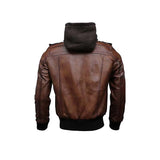 Men's Brown Guerrilla Bomber Jacket “ Genuine Leather, Removable Hood