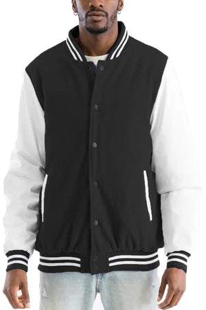 Men's Varsity Jacket - PU Sleeves, Padded Lining, Snap Button Closure