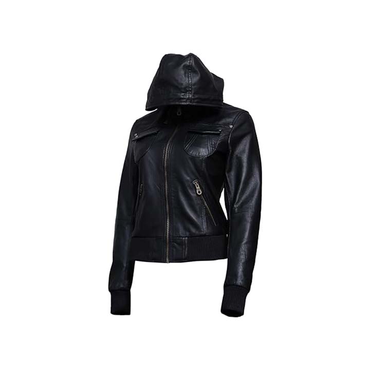 Nexus Black Leather Bomber Jacket for Women