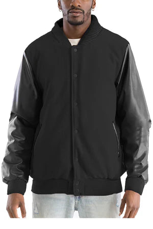 Men's Varsity Jacket - PU Sleeves, Padded Lining, Snap Button Closure