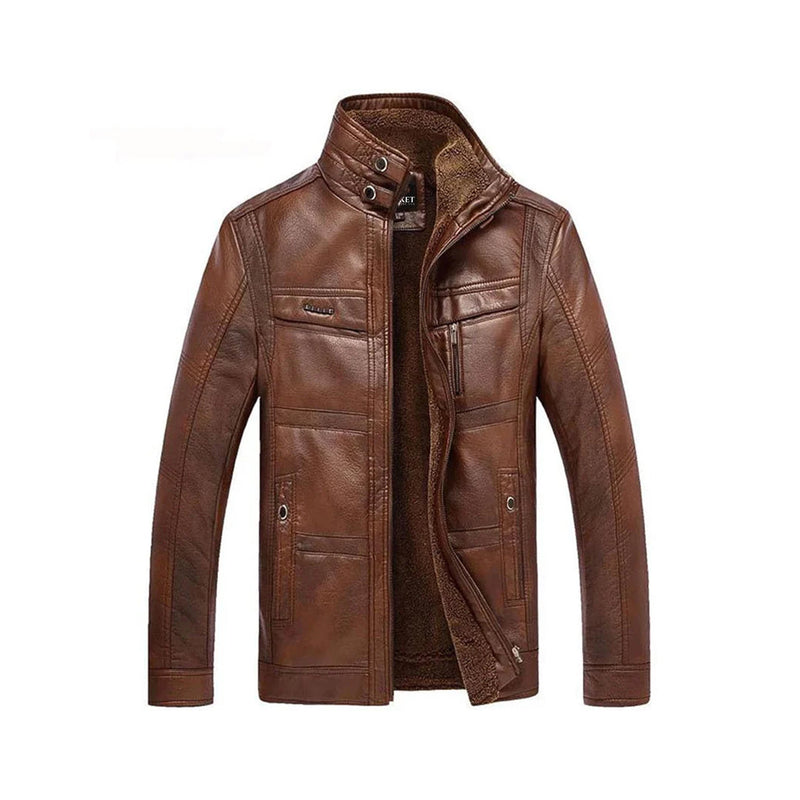 Men's Beast Genuine Leather Jacket with Shearling Lining & Stand-Up Collar