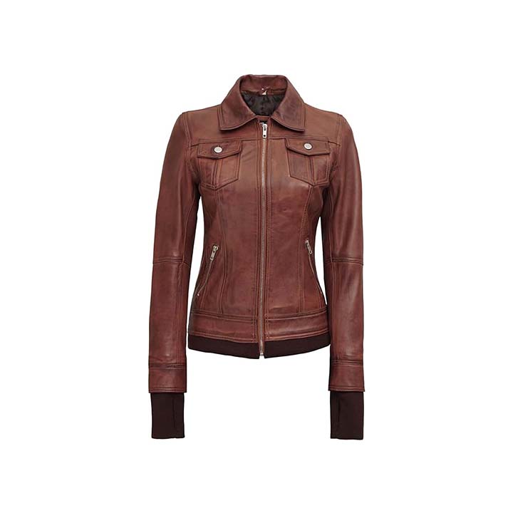 Mystique Brown Leather Bomber Jacket for Women