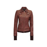 Mystique Brown Leather Bomber Jacket for Women
