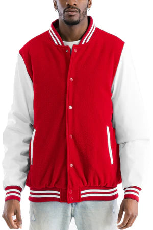 Men's Varsity Jacket - PU Sleeves, Padded Lining, Snap Button Closure