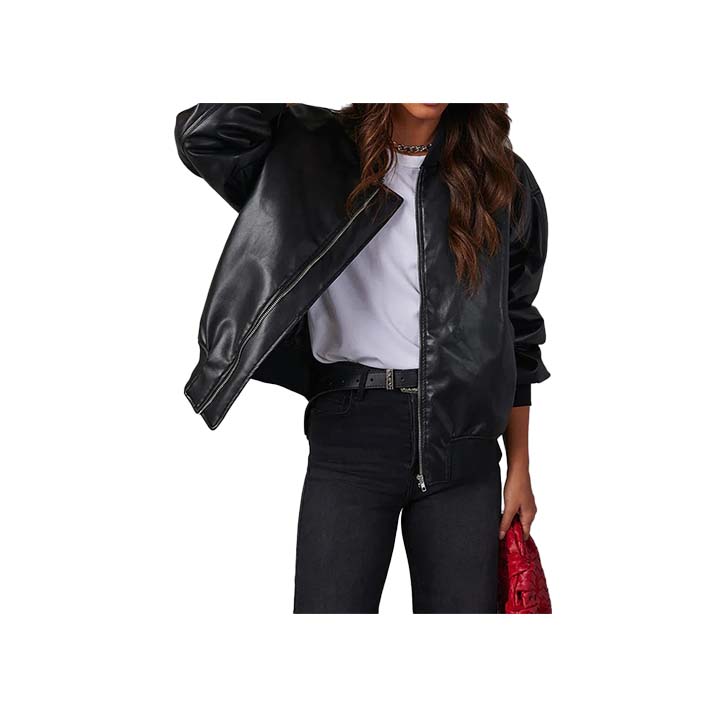 Women™s Black Leather Bomber Jacket - Genuine Leather, Zip Closure