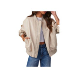 Women™s Ember Beige Leather Bomber Jacket - Genuine Leather,