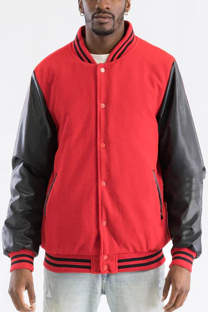 Men's Varsity Jacket - PU Sleeves, Padded Lining, Snap Button Closure