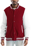Men's Varsity Jacket - PU Sleeves, Padded Lining, Snap Button Closure