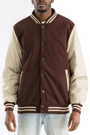 Men's Varsity Jacket - PU Sleeves, Padded Lining, Snap Button Closure