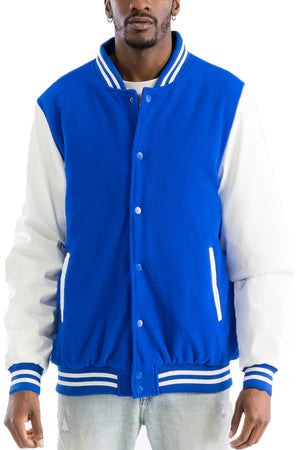 Men's Varsity Jacket - PU Sleeves, Padded Lining, Snap Button Closure