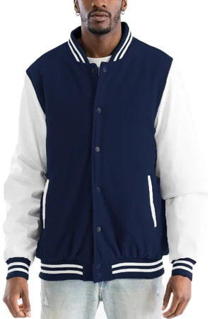 Men's Varsity Jacket - PU Sleeves, Padded Lining, Snap Button Closure