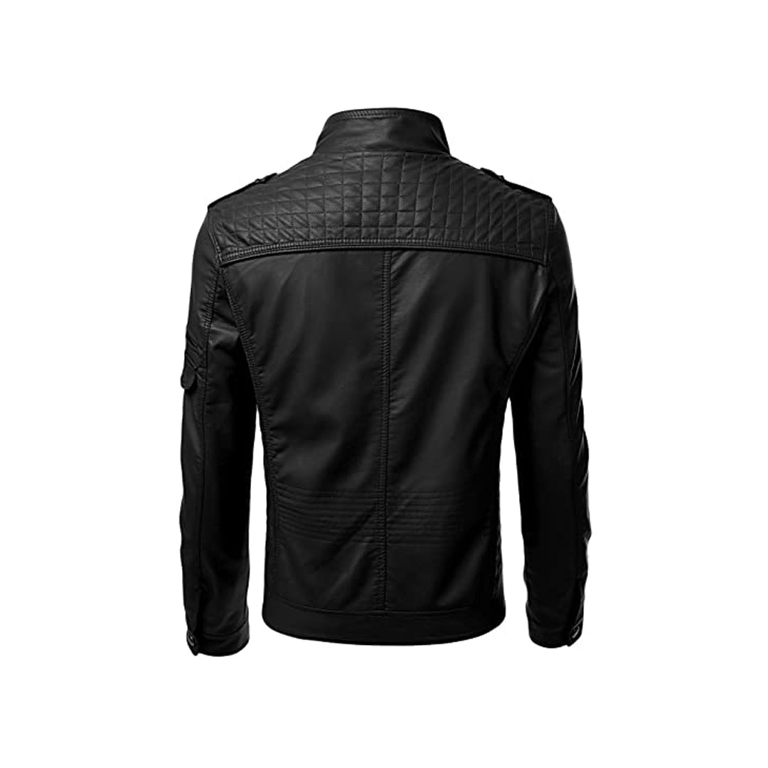 Men's Original Leather Jacket “ Front Zipper, Band Collar, Four Zipper Pockets