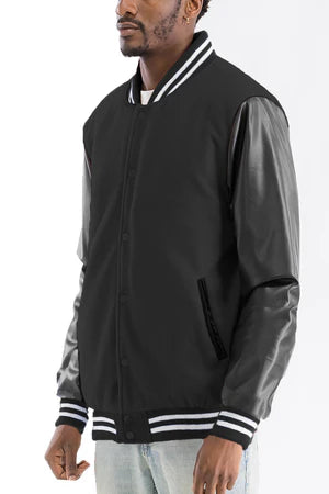 Men's Varsity Jacket - PU Sleeves, Padded Lining, Snap Button Closure