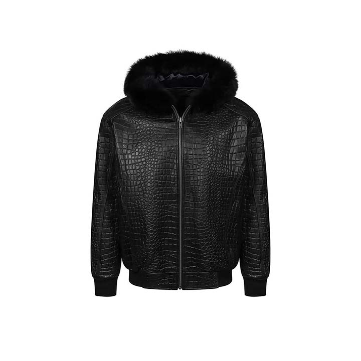 Men's Croc Print Bomber Jacket “ Genuine Leather with Ribbed Cuffs and Waist