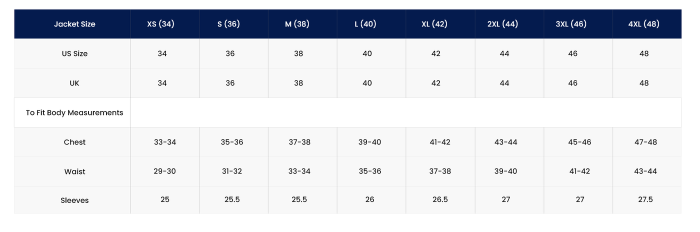 Men size chart Inches