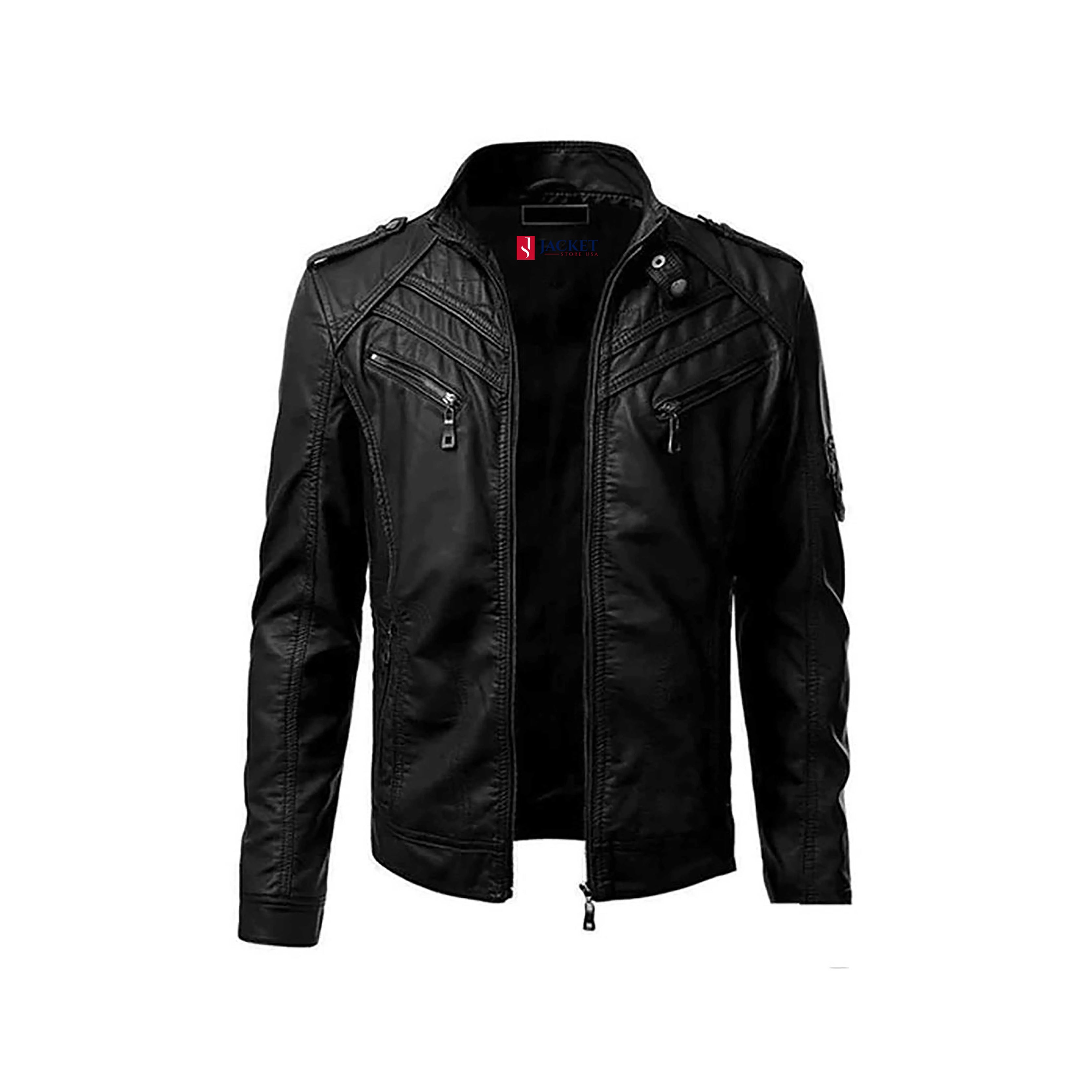 Men's Original Leather Jacket “ Front Zipper, Band Collar, Four Zipper Pockets