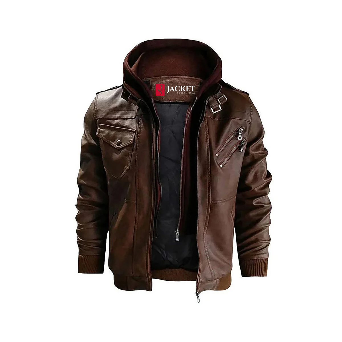 Men™s Guerrilla Leather Hooded Jacket “  Real Leather, YKK Zipper, 4 Pockets
